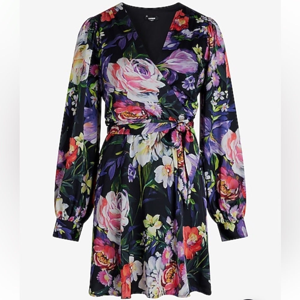 Express Floral V-Neck Long Sleeve Tie Waist Mini Dress